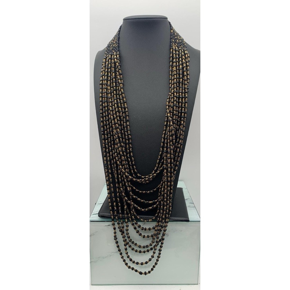 Vintage Handmade Multi Layered Black And Gold Seed Bead Necklace Shortest Is 20"